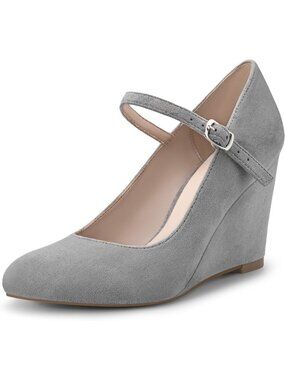 Women's Grey Suede Wedge Pumps With Ankle Strap Closed Toe Dressy Heels Shoes